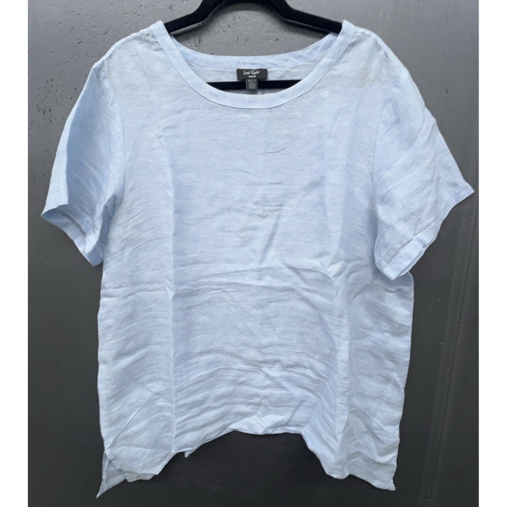 Linen Top Women 0X Powder Blue Asymmetrical Short Sleeve Lagenlook Boho Coastal